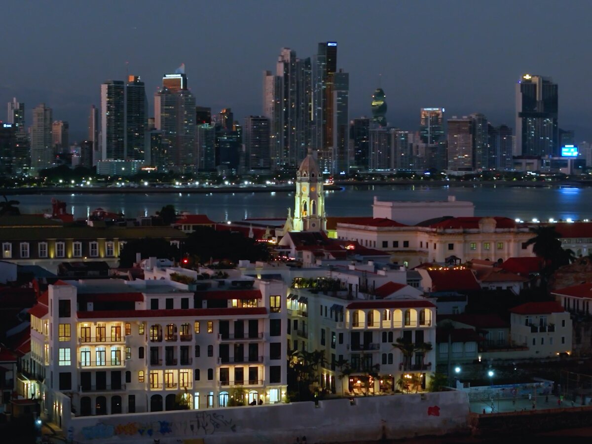 Casco Antiguo at night with the Panama City skyline