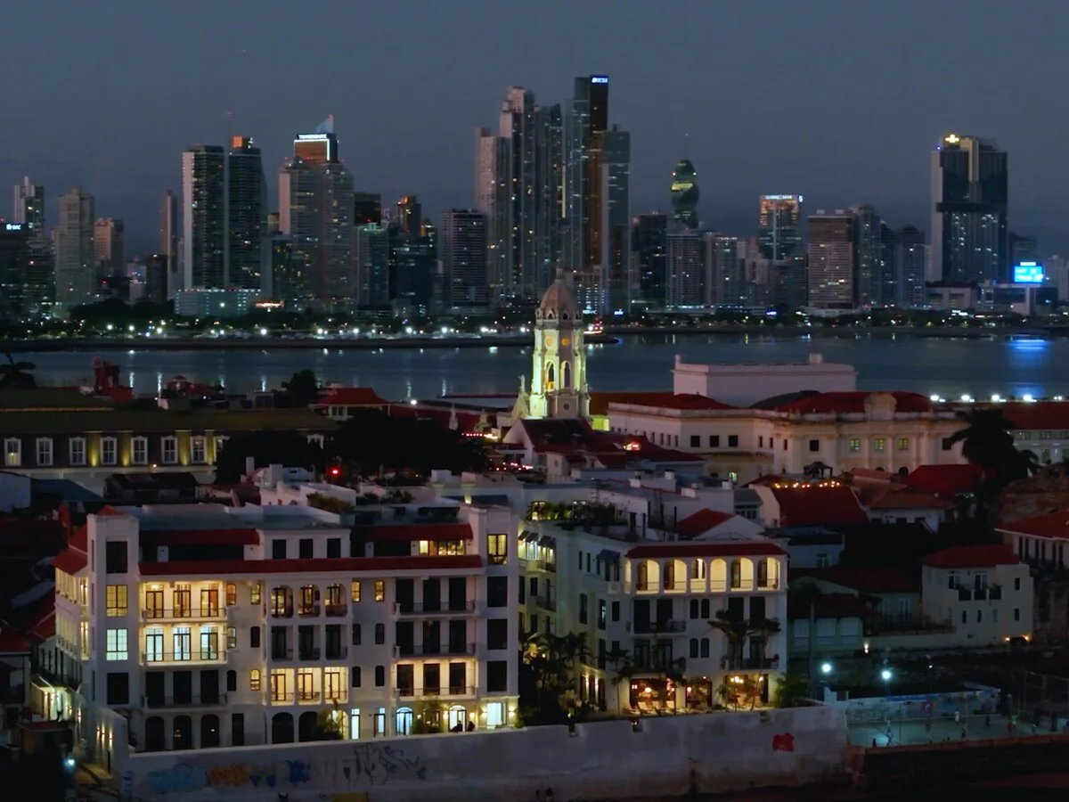 Casco Antiguo at night with the Panama City skyline